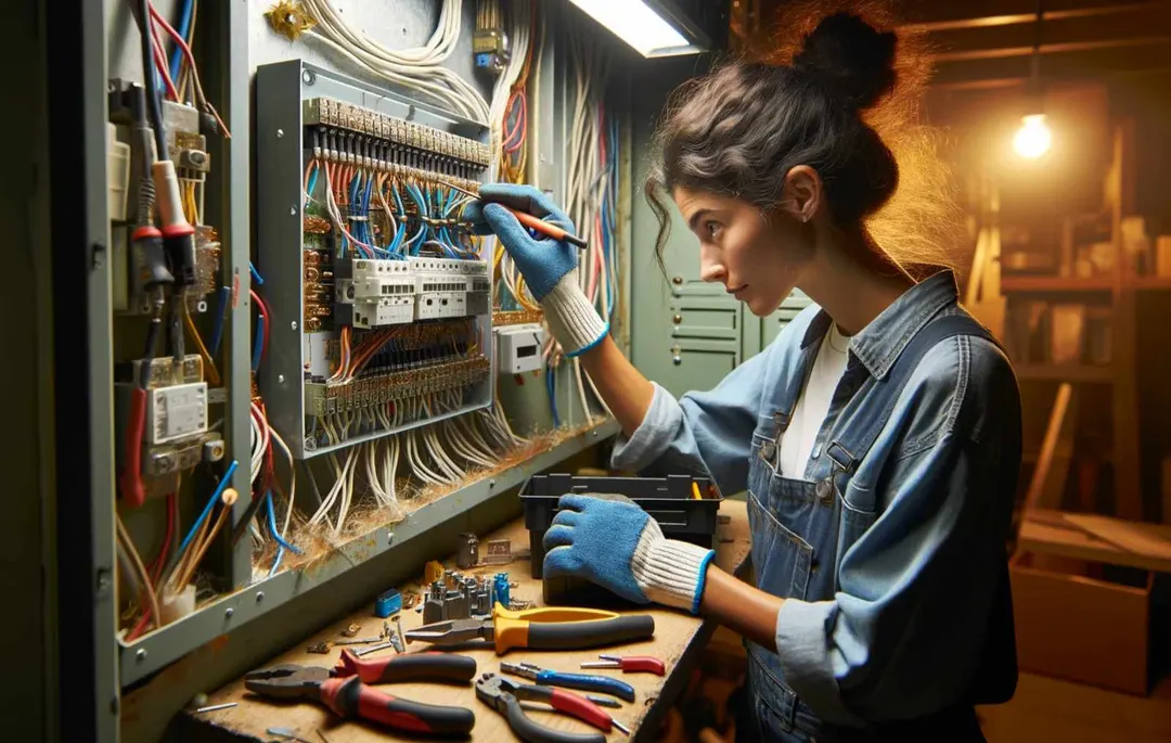 Elektrikář při opravě poruchy elektroinstalace